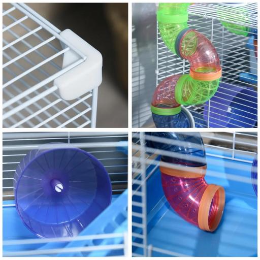 Jaula para Hámster 46x30x37 cm Casa para Hámster con Tubos Comedero Bebedero Rampa Rueda de Ejercicio y Asa Portátil para Interior y Exterior Azul y Blanco [7]
