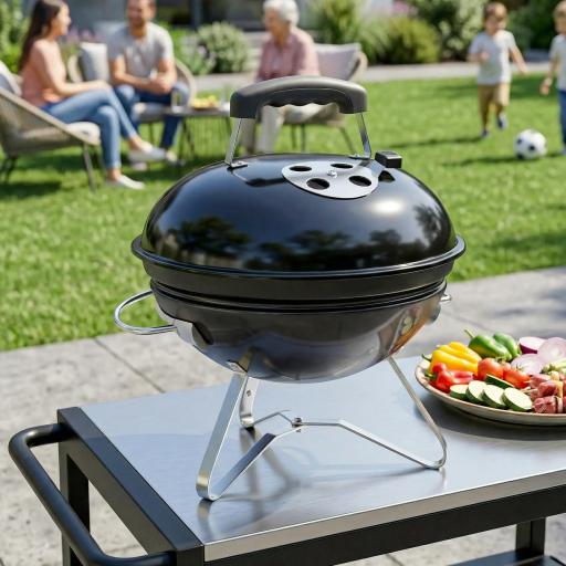 Barbacoa de Carbón Portátil Barbacoa de Carbón Redonda Tapa con Soporte Rejilla Ventilación Ajustable Ø41x44 cm Negro [7]