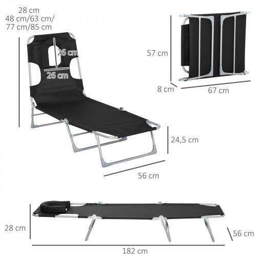 Tumbona Reclinable y Plegable de Jardín con Orificio de Lectura Reposacabezas y Respaldo Ajustable en 5 Niveles para Playa 182x56x28 cm Negro [1]
