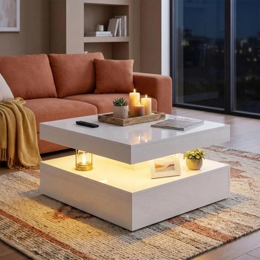 Mesa de Centro con LED RGB de Alto Brillo con Almacenamiento Abierto y Mando a Distancia 78x78x40 cm Blanco Brillante [3]