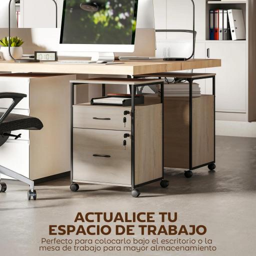 Cajonera de Oficina Cajonera para Escritorio con 2 Cajones y Ruedas para Tamaño Carta A4 44x40x66,5 cm Tono Madera [2]