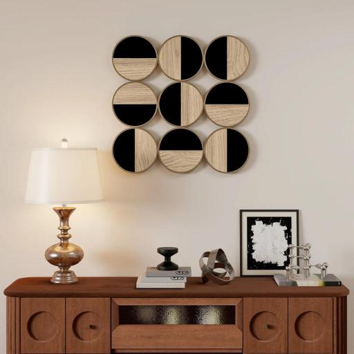 Cuadro Decorativo de Pared Geométrico Adorno Moderno 3D de 60x60 cm con Espejo de Plástico Negro y Madera Natural [5]