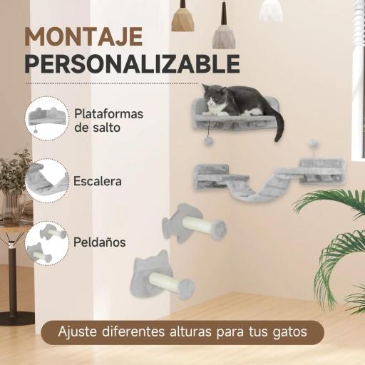 Rascador de Pared para Gatos con 2 Postes de Sisal Plataforma Doble con Escalera Suave y 1 Plataforma para Saltar Gris [5]