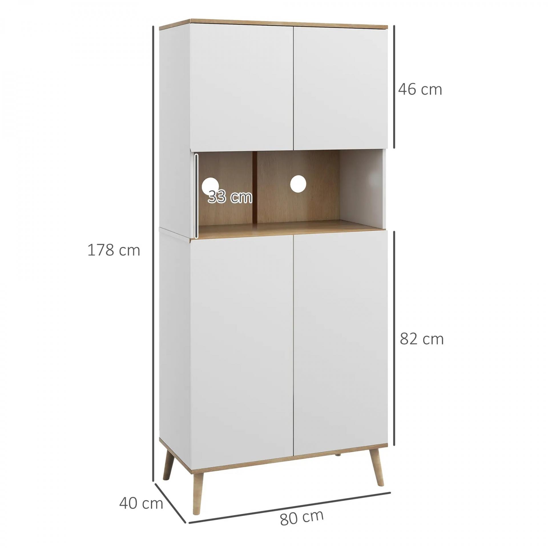 Alacena de Cocina con 4 Puertas Encimera para Microondas Estantes Ajustables Orificio de Cable y Patas de Madera Blanco