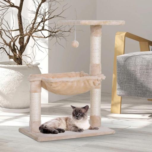 Árbol Rascador para Gatos Centro de Actividad Plataforma Caseta Postes de Sisal Hamaca Bola 50x36x70 cm Beige