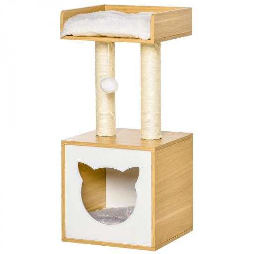 Árbol para Gatos de 2 Niveles con Cueva Cama Superior Postes Rascadores de Sisal Natural Cojines Lavables y Bola de Juguete 35x35x81 cm Roble y Blanco [8]