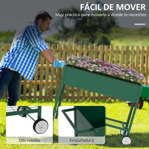 Huerto Urbano Elevado 109x44x80 cm con 2 Ruedas Estante y Asa para Cultivo Plantas Flores Verduras Verde [4]
