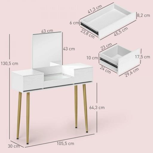 Tocador Elegante con Espejo Cuadrado y Cajones Organizadores 105,5x30x130,5 cm Blanco y Dorado [1]
