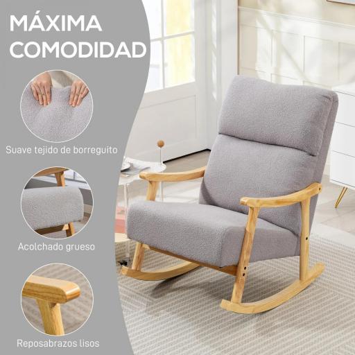 Silla Mecedora de Borreguito con Patas y Reposabrazos de Madera de Caucho Mecedora Carga 120 kg Gris Claro [3]
