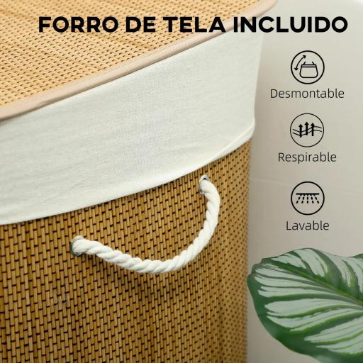 Cesto de Ropa Sucia de Bambú con 1 Compartimento Asas para Facilitar el Uso y Bolsas Desmontables Lavables 60x40x60 cm [2]