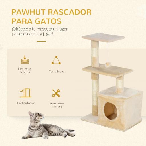 Árbol Rascador para Gatos 81,5 cm Torre para Gatos con Postes de Sisal 2 Plataformas Cueva y Bola Colgante Estilo Elegante 50x30x81,5 cm Beige [2]