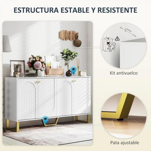 Aparador con 4 Puertas Arqueadas Estantes Ajustables y Patas Doradas 140,8x35x77,5 cm Blanco [5]