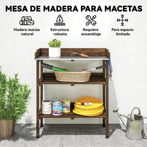Mesa de Jardinería de Madera con Superficie Metálica Estantes y Ganchos para Jardín Terraza 76x37x89 cm Carbonizado [4]