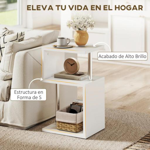 Mesa Auxiliar con Luz LED de 3 Niveles con Estantes y Estructura de Aluminio para Salón Dormitorio 44x38x75 cm Blanco [6]