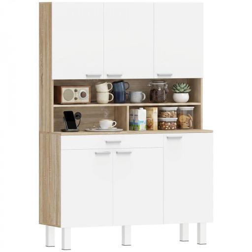 Alacena de Cocina Alta con 6 Puertas y Gran Cajón Estantes Encimera Amplia para Microondas 120x40x175 cm Blanco [8]