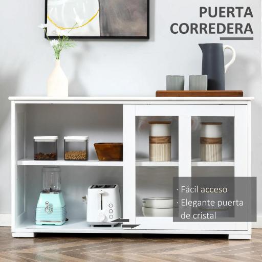 Aparador de Cocina Moderno Mueble Auxiliar con 2 Puertas Corredizas de Vidrio y Estante Ajustable 107x33x62,5 cm Blanco [6]