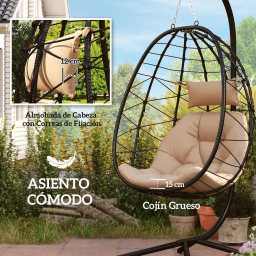 Silla Colgante Huevo con Soporte con Cesta Plegable Cojín y Reposacabezas para Interior y Exterior Carga 120 kg Caqui [6]