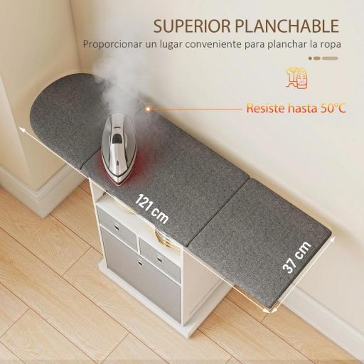 Mueble de Plancha con Ruedas Tabla de Planchar Plegable 3 Cajones de Tela 121x37x89,5 cm Blanco [3]