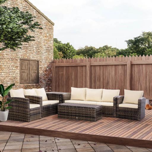 Conjunto de Jardín Exterior de Ratán 6 Piezas Cojines Sofá Doble Sofá 3 Plazas 2 Sillones 2 Mesas Auxiliares Caqui