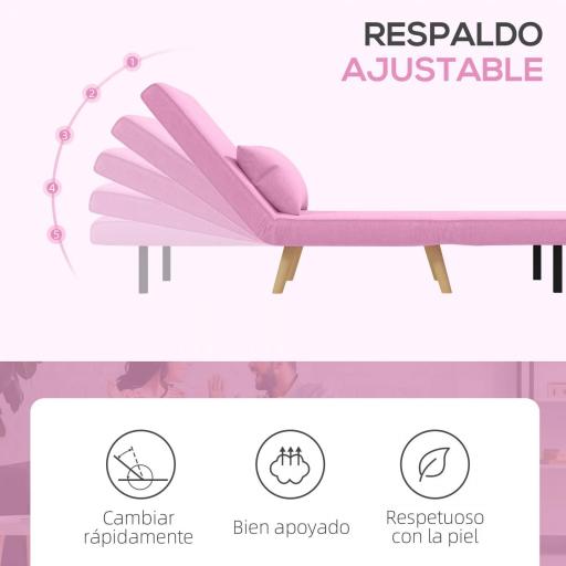 Sofá Cama Individual Tapizado en Lino con Respaldo Ajustable en 5 Posiciones y Almohada 72x75x85 cm Rosa [7]