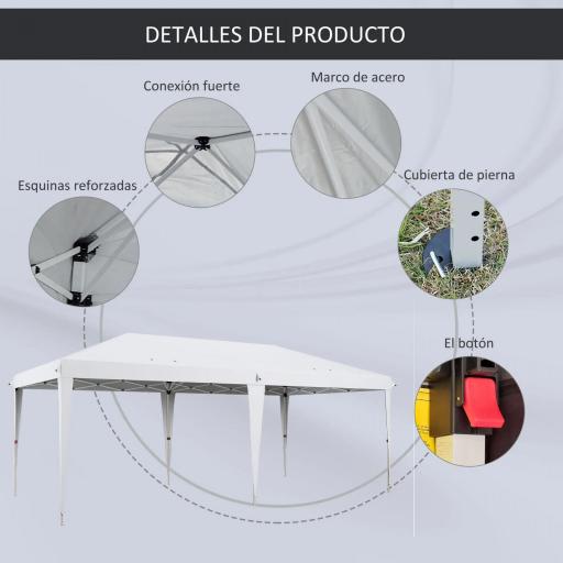 Carpa Plegable 6x3 m con Altura Ajustable en 3 Niveles Bolsa de Transporte Anti-UV y Marco de Acero Blanco [5]