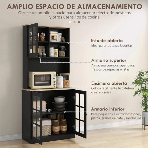 Alacena de Cocina con Estantes y Puertas de Vidrio para Pequeños Electrodomésticos 80x37x183 cm Negro [2]