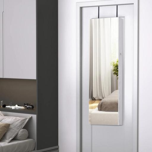 Espejo Joyero Colgante de Pared o Puerta con LED 5 Estantes 2 Cajones Pequeños Espejo Armario Montado con Cerradura 37x120x10cm [3]