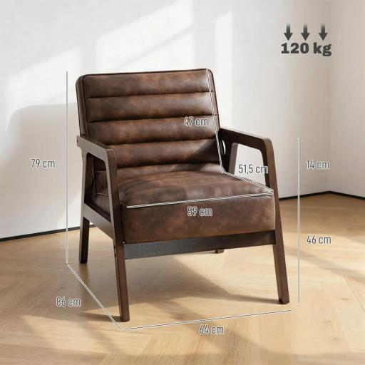 Butaca de Salón Tapizado en PU con Marco de Madera Maciza Asiento Acolchado para Sala de Estar Dormitorio Marrón [1]
