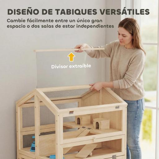 Jaula para Hámster de Madera de 3 Niveles con Bebederos Casetas Balancines Bandeja Extraíble y Tapas Abatibles Natural [3]