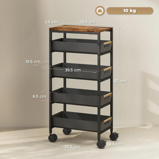 Carro de Cocina de 5 Niveles Carrito Auxiliar con Ruedas Tablero Efecto Madera Cajones Extraíbles 39,5x24x82 cm Negro [9]
