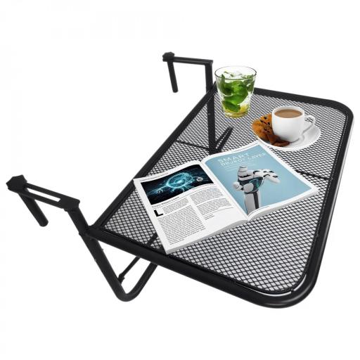 Mesa Colgante de Balcón con Brazo Regulable y Altura Ajustable en 3 Posiciones Marco Metálico 60x56x50 cm Negro [8]