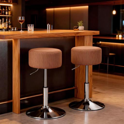 Taburete de Cocina Regulable en Altura 52-66 cm Tapizado en Pana Giratorio en 360° Marrón [2]