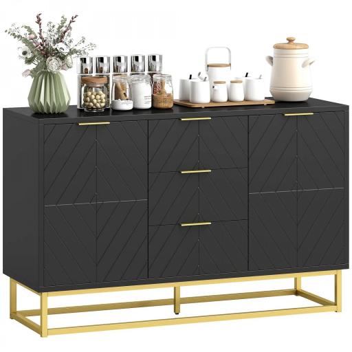 Aparador para Salón con 3 Cajones 2 Puertas y Estante Ajustable Mueble Auxiliar para Salón Antivuelco 120x40x76 cm Negro [9]