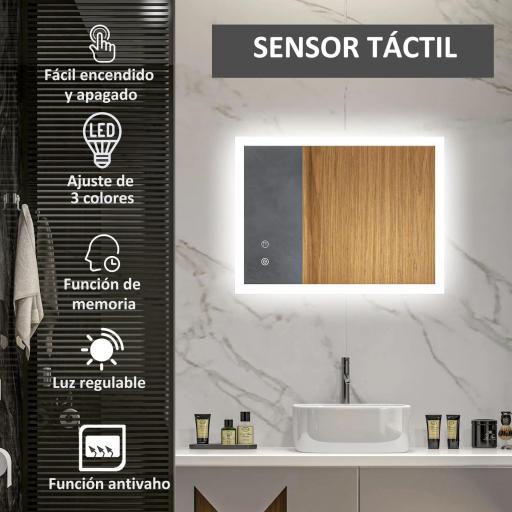 Espejo de Baño con Luces LED Regulable en 3 Colores 80x60 cm Función Antivaho Función de Memoria Interruptor Táctil [4]