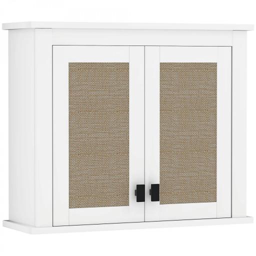 Armario de Pared para Baño Mueble de Baño Suspendido con 2 Puertas de Ratán PE Estante Ajustable 60x19,5x49,4 cm Blanco [8]