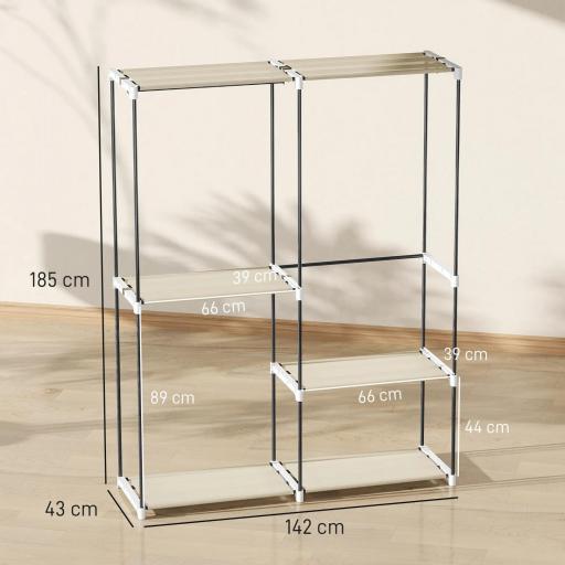 Armario de Ropa Armario Abierto con 4 Estantes de Tela 3 Barras para Colgar Marco de Metal 142x43x185 cm Crema [3]