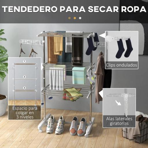 Tendedero Vertical Plegable Tendedero de Ropa con 6 Ruedas 2 Laterales Abatibles Estantes Ajustables y Marco de Acero Inoxidable para Interior y Exterior Plata [4]