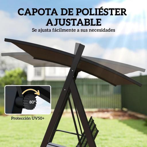 Columpio de Jardín de 3 Plazas con Techo Ajustable UPF50+ Asiento Transpirable Carga 360 kg 188x130x183 cm Gris [6]