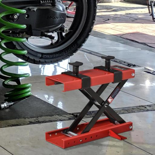 Plataforma Elevadora para Motocicletas Carga Máxima 500 kg con Altura Ajustable de 19-53 cm Soporte de Moto para Aparcar o Reparar Taller Garaje Negro y Rojo