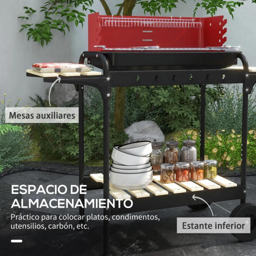Barbacoa de Carbón con Ruedas Parrilla Ajustable en Altura Estantes y 6 Ganchos 103x47x95 cm Rojo y Negro [6]