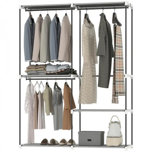 Armario de Ropa Armario Abierto con 4 Estantes de Tela 3 Barras para Colgar Marco de Metal 142x43x185 cm Gris Claro [4]
