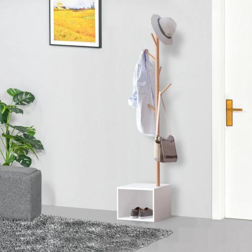 Perchero de Pie con Zapatero Colgador Tipo Árbol Moderno 6 Ganchos para Colgar Ropa Bolsa Banco con Almacenamiento Pasillo Entrada Bambú y MDF 40x30x180cm [8]