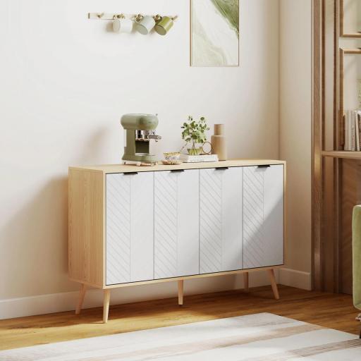 Mueble Buffet Auxiliar con Estantes Ajustables 2 Armarios y Antivuelco Carga 50 kg 120x35x77,4 cm Blanco y Natural [2]