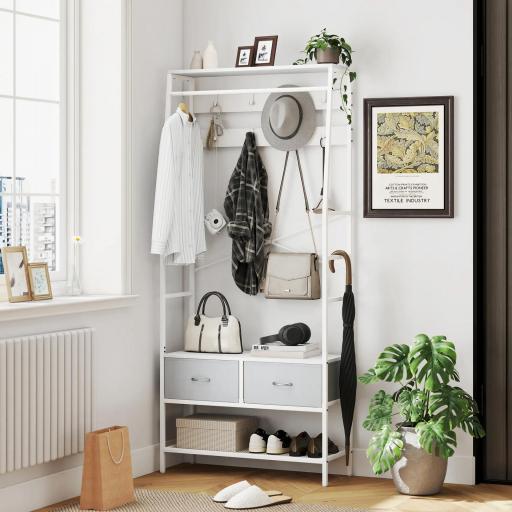 Perchero Zapatero con Zapatero Ganchos Cajones Barra y Eatante para Entrada Pasillo Salón 80x30x180,5 cm Blanco