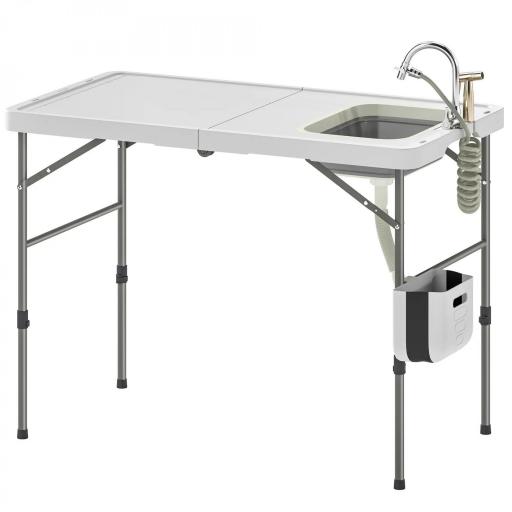 Mesa de Limpieza de Pescado Plegable con Altura Regulable Fregadero Grifo Manguera Cesta Plegable Ranuras y Bolsa [9]