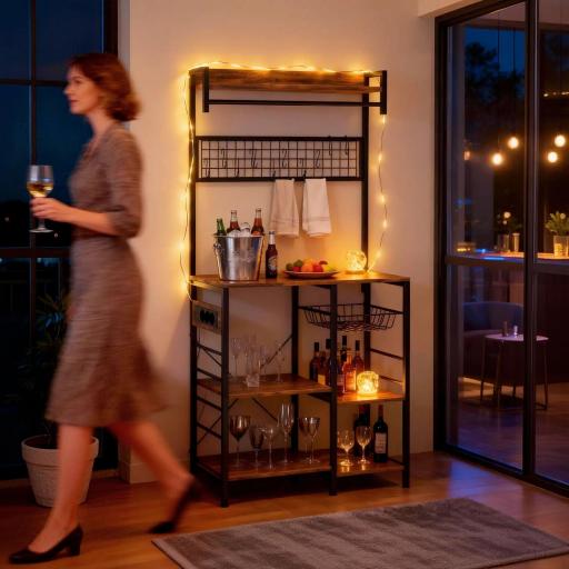 Estantería de Cocina con Tres Enchufes y Luces LED Industrial con Estantes para Microondas 80x42x162 cm Marrón Rústico [7]