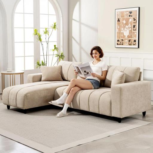 Sofá Chaise Longue Reversible de 3 Plazas 2 Almohadas Tapizado en Lino Marco de Acero 242x156x87 cm Beige