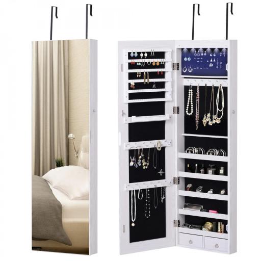 Espejo Joyero Colgante de Pared o Puerta con LED 5 Estantes 2 Cajones Pequeños Espejo Armario Montado con Cerradura 37x120x10cm [9]