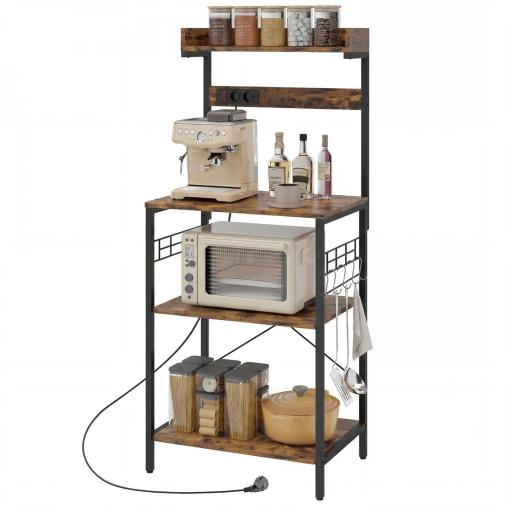 Estantería de Cocina con 2 Tomacorrientes Estante para Microondas Estante Ajustable Ganchos 60x42x137 cm Marrón Rústico [8]