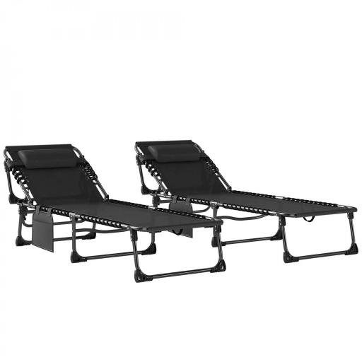 Set de 2 Tumbonas Plegables con Reposacabezas Bolsillo Lateral y Respaldo Reclinable en 5 Posiciones Negro [9]
